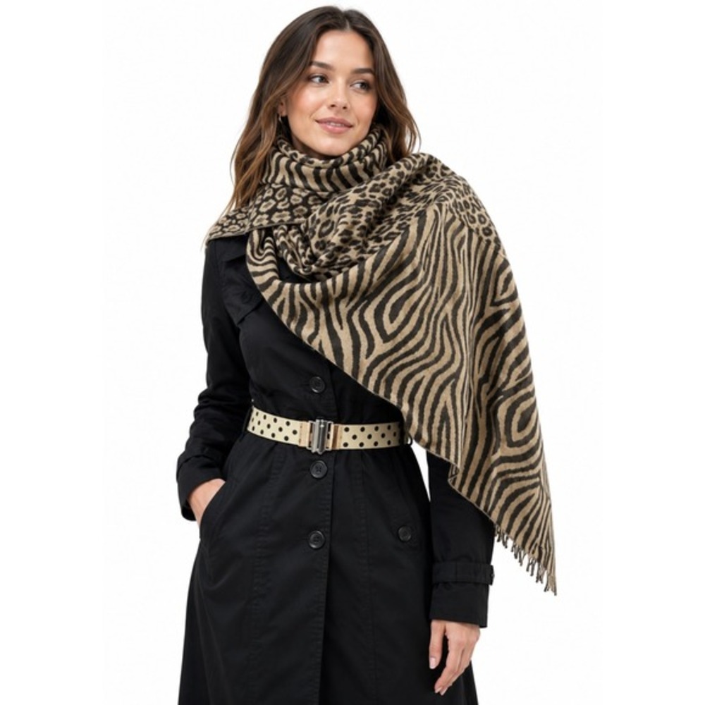 Animal Print Pashmina Scarf Zebra Leopard Split Pattern Wrap Shawl Tan 97-09